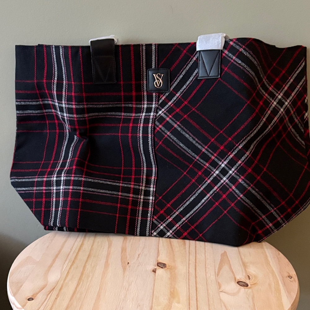 Victoria's Secret Black Plaid Duffel Bag with Red & Gray Stripes
